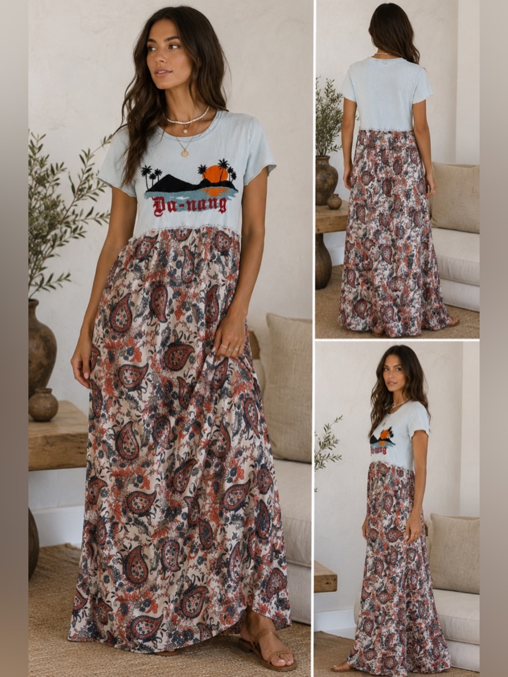 Vintage Da-Nang Embroidered Graphic Paisley Maxi Dress Y2K Boho